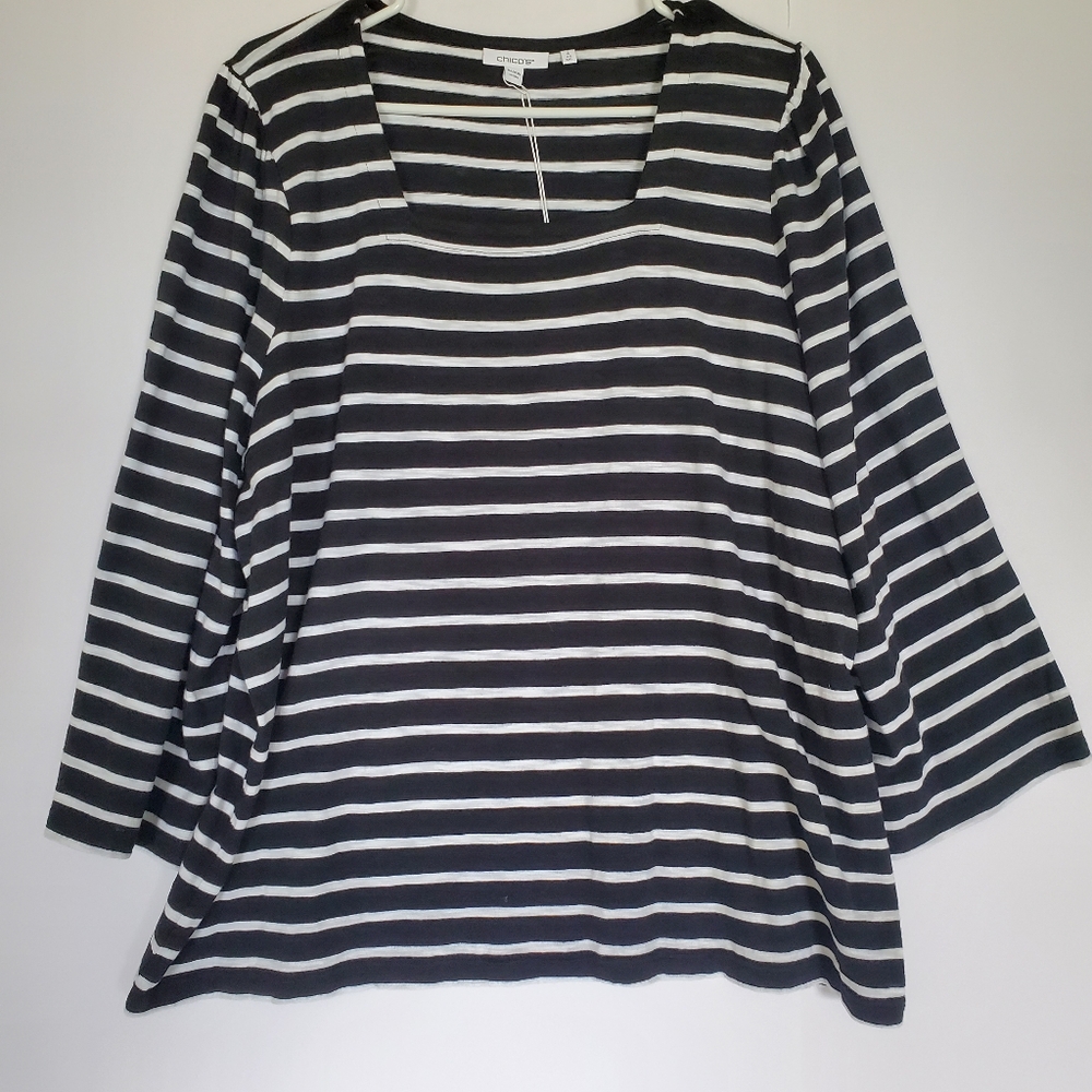 Chico's Women Top - Black White Stripes - XXL - 3/4 Sleeve - Cotton - NWT